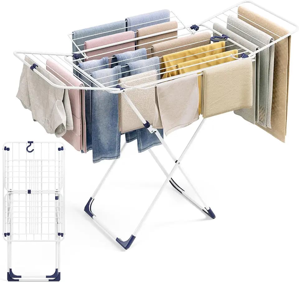 APEXCHASER Clothes Drying Rack with 4-Gullwing, White, 55.12"*37.8"*17.52"