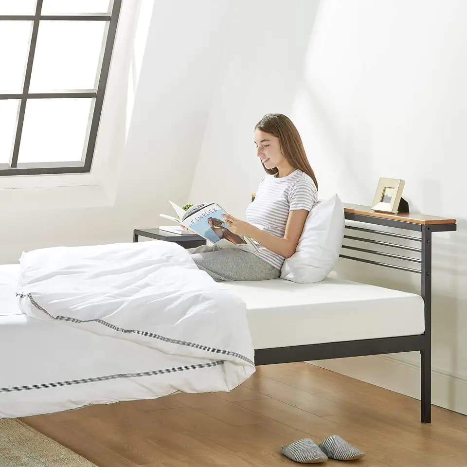 Mellow HYLLE Metal Platform Bed with Headboard Shelf, Solid Pine Wood, Easy Assembly, Twin