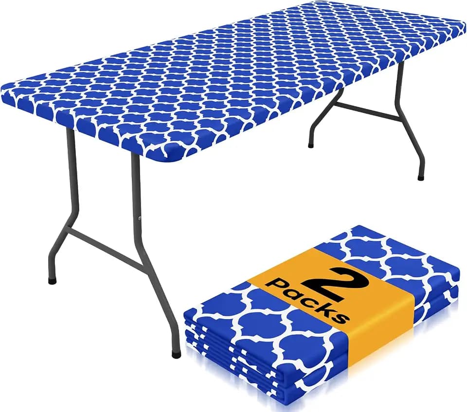 Smiry 2 Pack Rectangle Table Cloth 6 Foot, Waterproof Elastic Fitted Tablecloths, Windproof Washable Polyester Table Cover for Picnic, Camping, Outdoor (Blue, 30"x72")