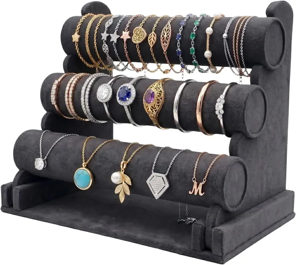 Barelove Velvet Bracelet Holder with 3 Tier Rack, Black T-Bar Storage Organizer Detachable Display Stand for Necklace Watch Bangles Bracelets Scrunchies Organization Showcase