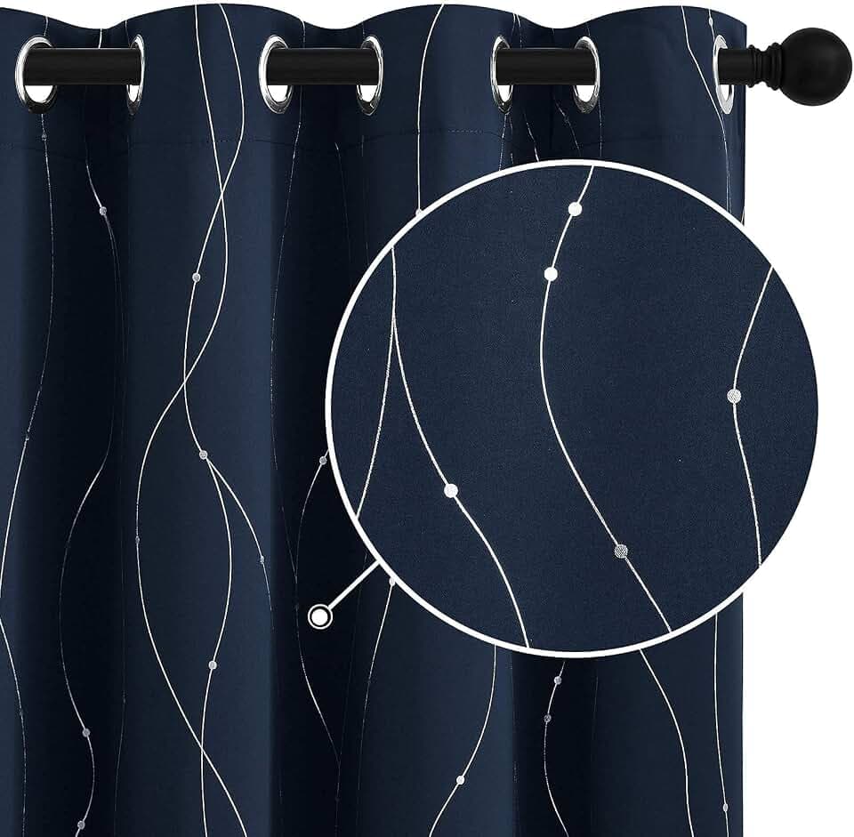 StangH Blackout Curtains Silver Wave Line and Dots Printed Thermal Insulated Window Drapes Grommet Light Blocking Drapery for Living Room Guest Room, Navy Blue, W52 x L72 inches, 2 Panels
