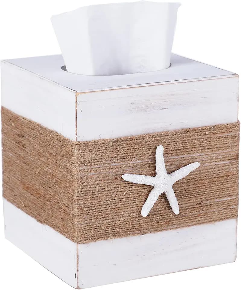 SOMTO Beach Starfish Rustic White Wood Square Tissue Box Cover with Slide-Out Bottom Panel - Farmhouse Bathroom Decor Tissue Box Holder for Living Room, Desk, Bedroom, Bathroom