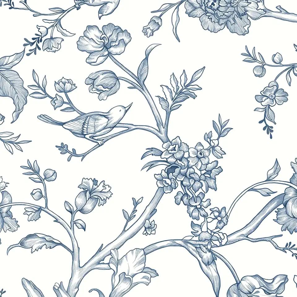 Safiyya Blue and White Wallpaper 393"x17.3" Floral Birds Peel and Stick Wallpaper Removable Contact Paper Peel and Stick White Contact Paper for Walls Vinyl Rolls