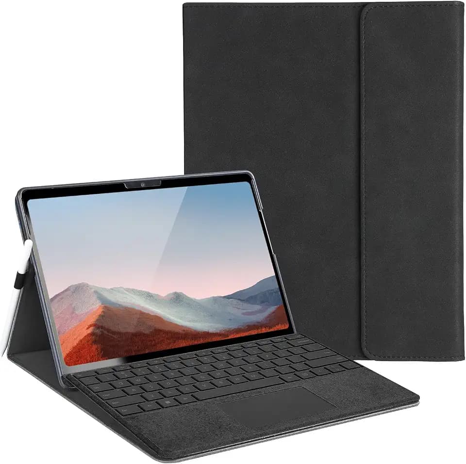 Hülle für Surface Pro 7+/7/6/5/4 12,3 Zoll, Stifthalter, Schwarz | PU-Leder außen, TPU innen, Waben-Kühlung, mehrere Blickwinkel, Magnetverschluss, präzise Ausschnitte, Type-Cover-kompatibel