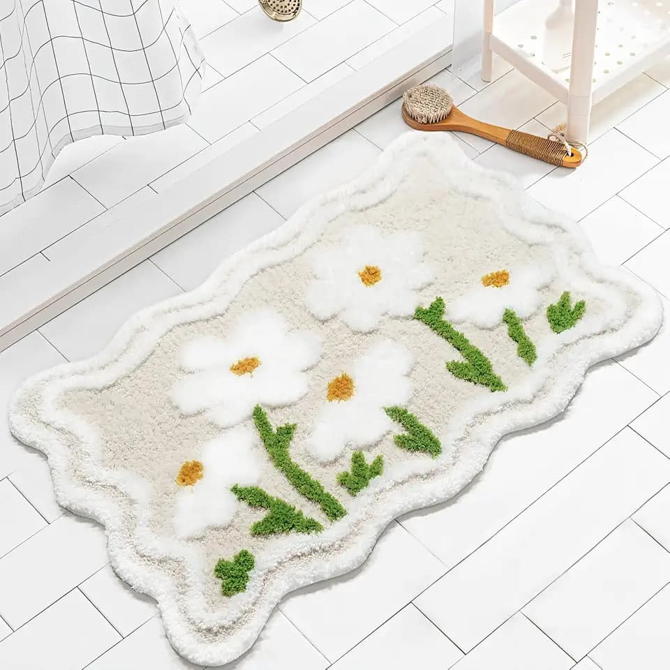 Mocsicka Cute Floral Bathroom Rug Flower Beige Bath Mat Super Soft Absorbent Bath-Room Rug Non Slip Bath Mat Machine Washable Rugs for Bathroom 20x32 inches (Beige, 20x32in)