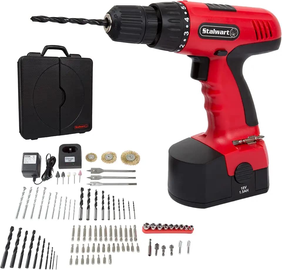 18V Cordless Power Drill Set - 89-Piece Kit with Rechargeable Battery and Charger - Includes Assorted Drivers, Bits, and Sockets by Stalwart (Red)