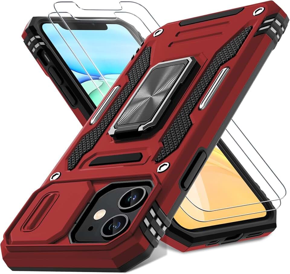 DEERLAMN Case for iPhone 11 with Slide Camera Cover+Screen Protector(2 Packs),Rotated Ring Kickstand Military Grade Shockproof Protective Cover-Red