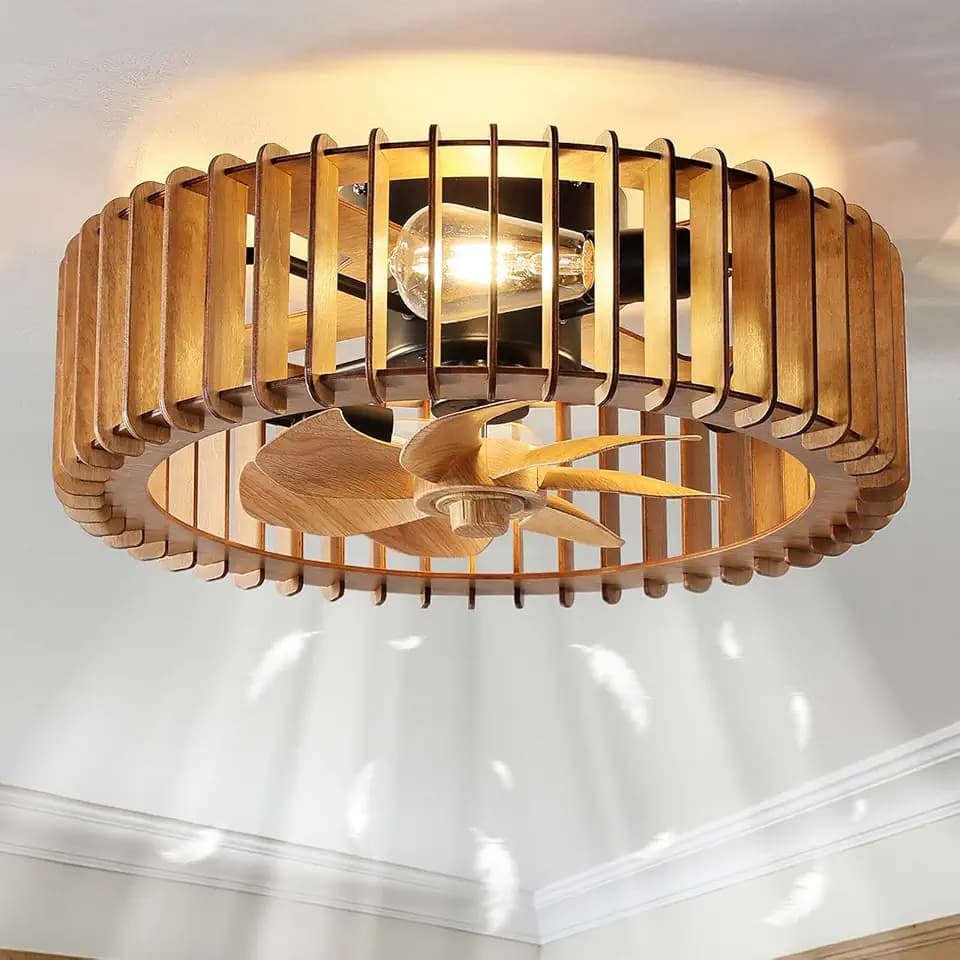 20'' Flush Mount Caged Ceiling Fan with Light, Wooden Low Profile Ceiling Fan with Light and Remote, 6 Speed and Reversible, Farmhouse Enclosed Fan Lights for Bedroom, Dining Room