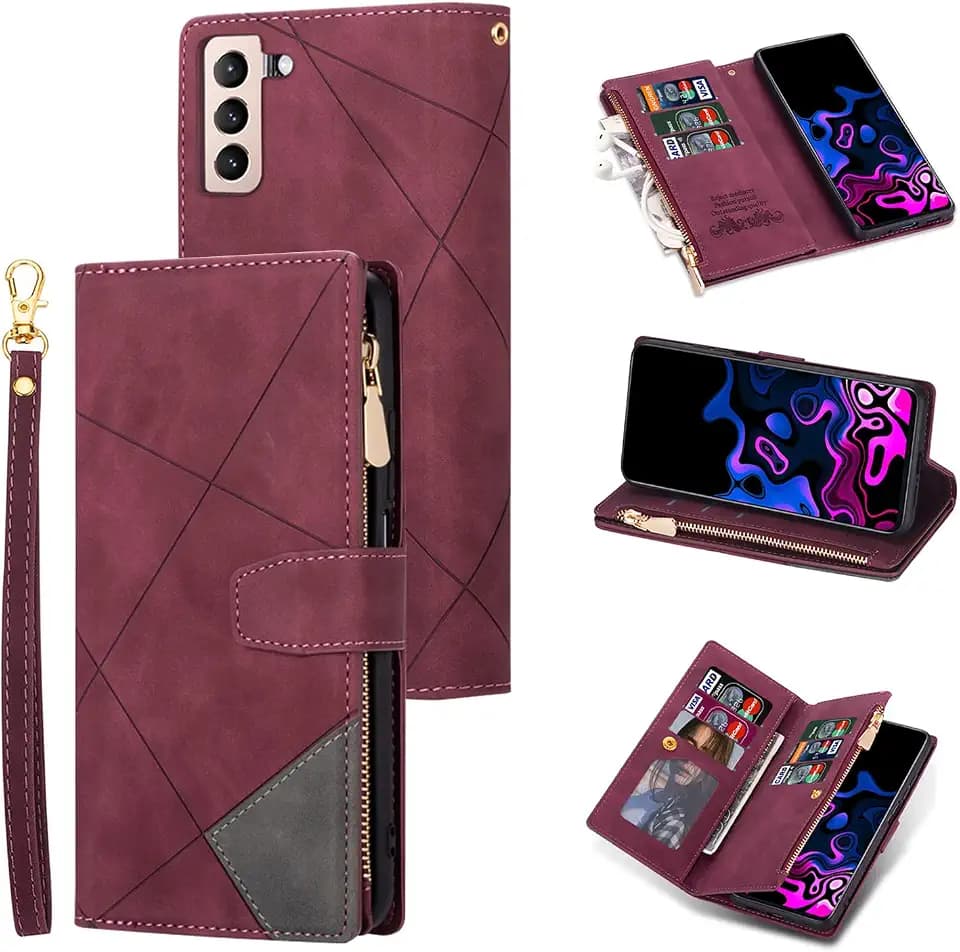 UEEBAI Hülle für Samsung Galaxy S22 5G, Leder Klapphülle, Rot Raute