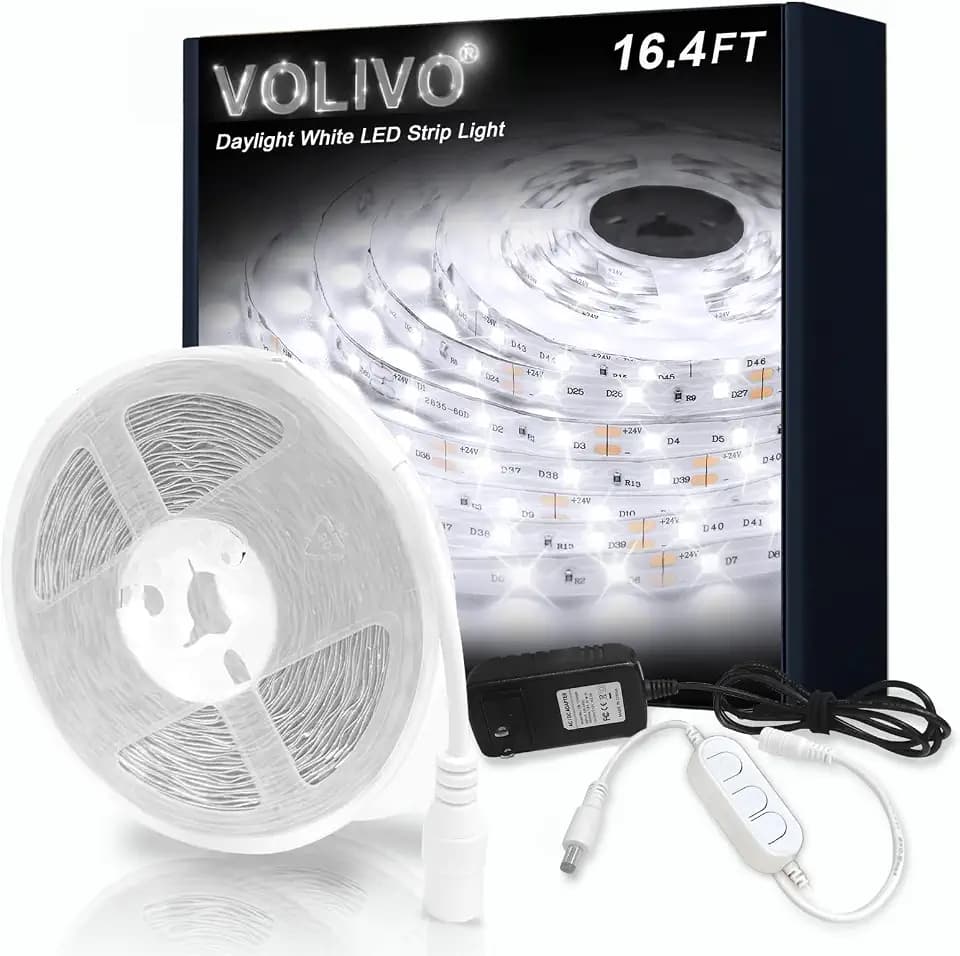 VOLIVO White LED Strip Lights, 16.4ft Dimmable LED Lights Strip 6500K Bright Daylight White, Strong Adhesive, Flexible Tape Light for Mirror, Kitchen Cabinets, Bedroom
