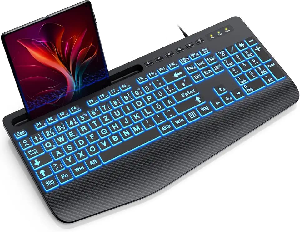SABLUTE Kabelgebundene Tastatur beleuchtet, mit großem Druck, Handyhalter