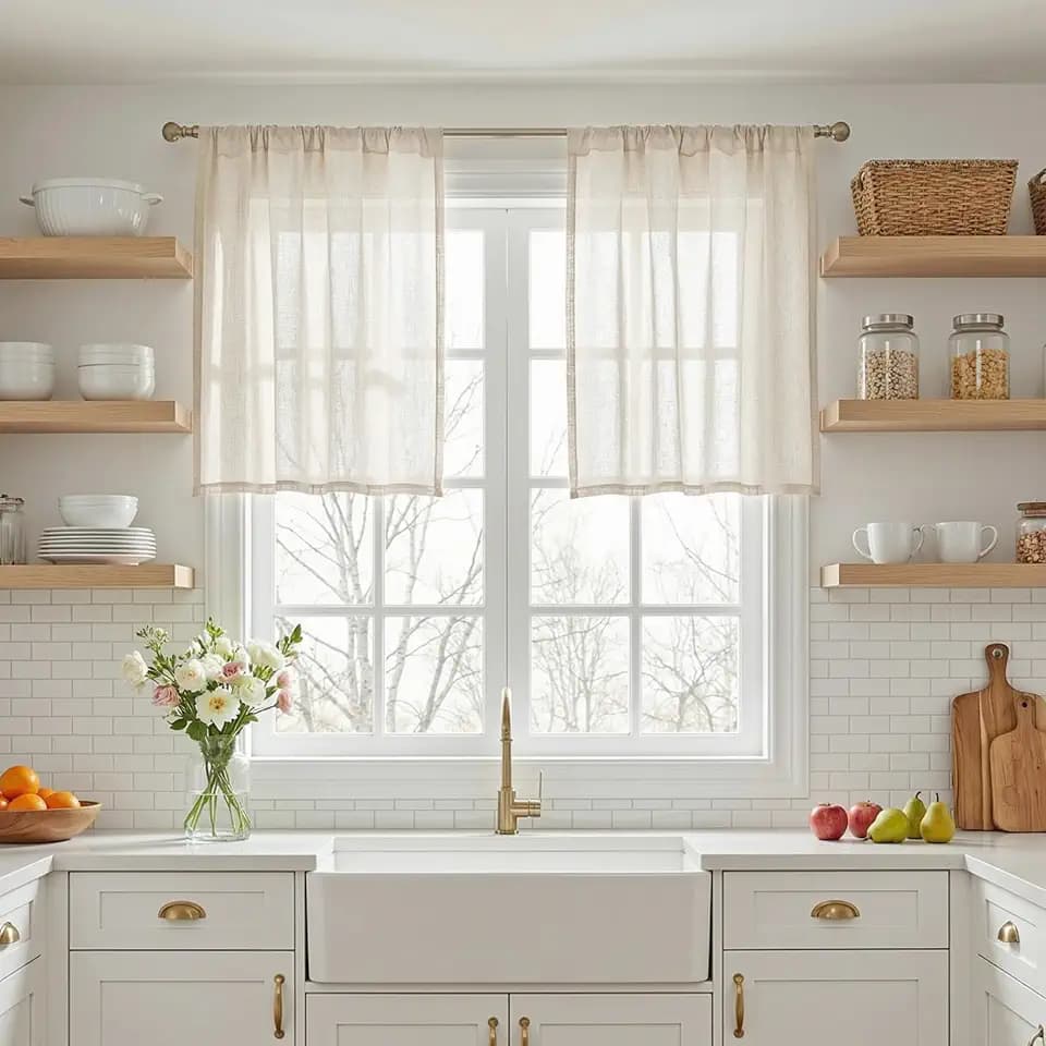 MYSKY HOME Semi Sheer Natural Linen Curtains 36 Inch Length 2 Panels, Light Filtering Cream Tiers Curtains Rod Pocket Neutral Window Drapes for Bathroom/Kitchen/Basement, Linen, 34 x 36 Inch