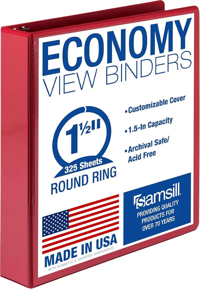 Samsill 1.5 Inch 3 Ring Binder, Economy Round Ring, Clear View Cover, 325 Sheet Capacity - for School, Home, Office - Red