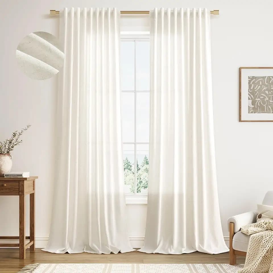 Nanspring Linen Curtains 96 Inches Long for Living Room 2 Panels Back Tab Modern Farmhouse Light Filtering 8ft Ceiling to Floor Privacy Boho Drapes for Bedroom Dining Ivory Cream W52 x L96