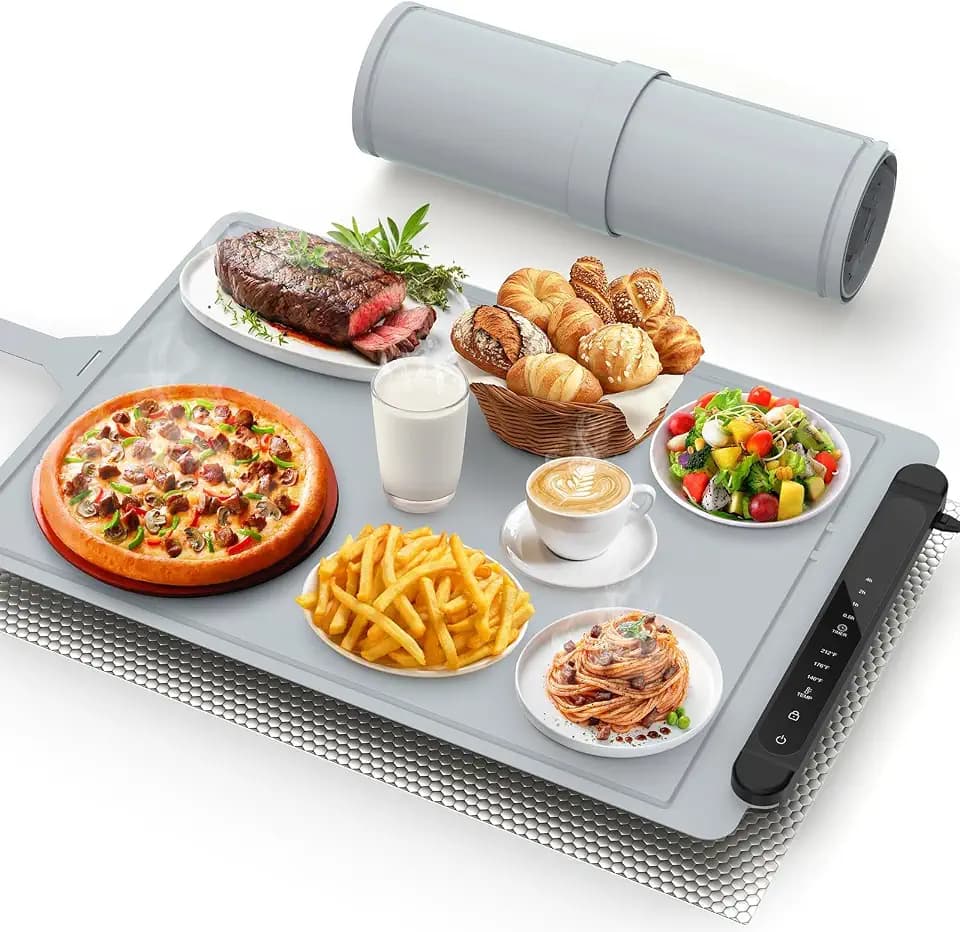 Warming Mat for Food Warmer Pad: 24"X16" Adjustable Foldable Silicone Electric Warming Tray for Buffets Party - Fast Heating Portable Hot Plates for Countertop Kitchen Travel Home Gifts Silver Gray