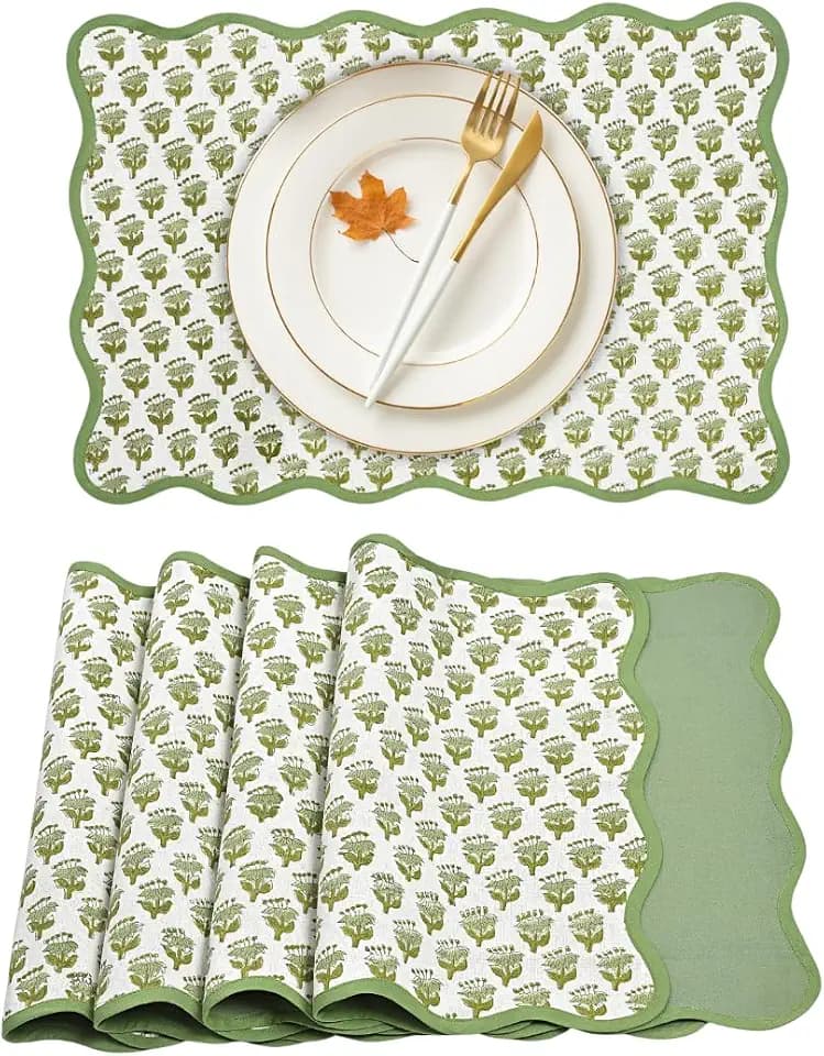 CPC Emerald Green Block Print Reversible Scallop Placemat 14x20 Inch Set-4