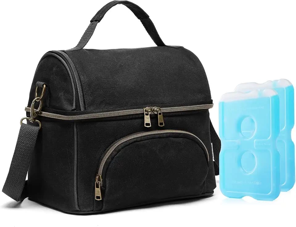 Waxed Canvas Lunch Bag for Men with Ice Packs, 10.5L, Black