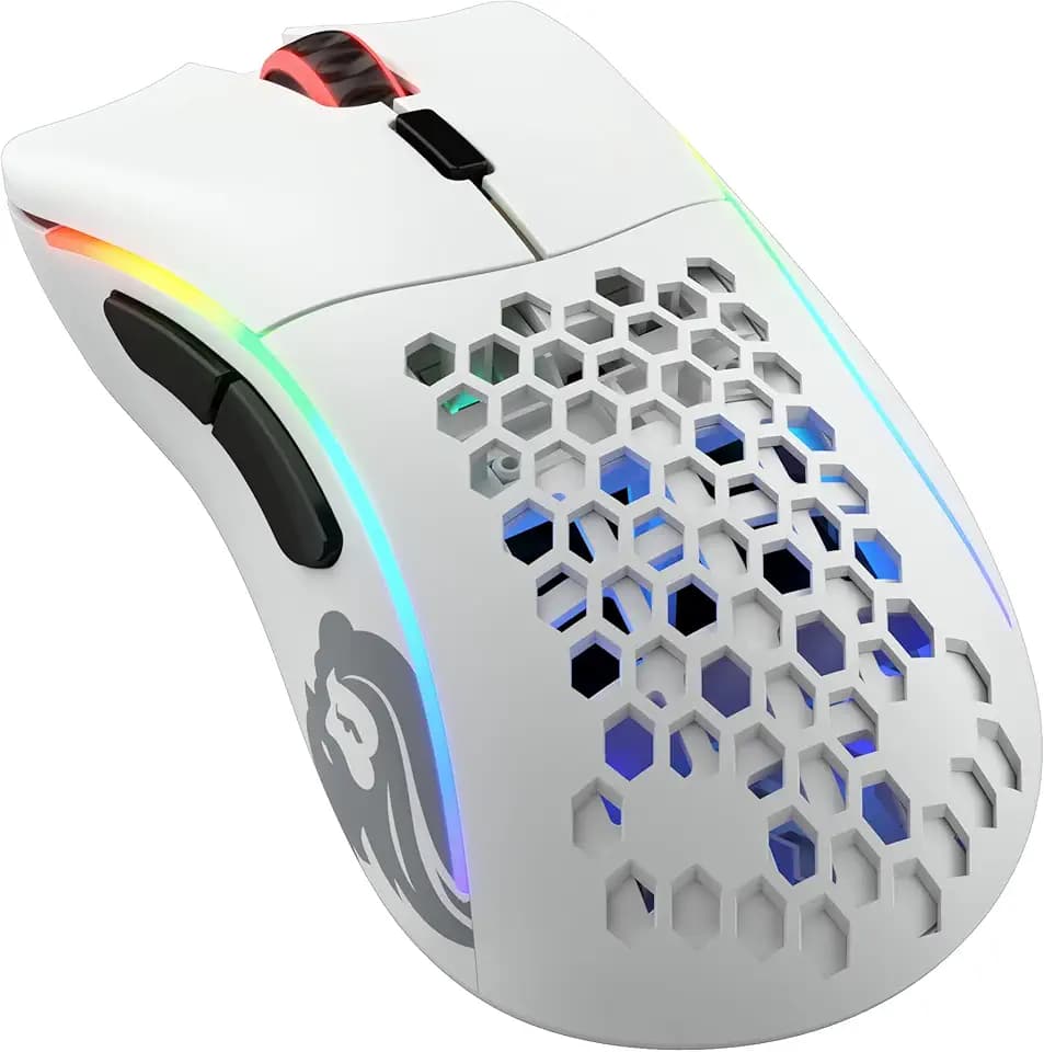 GLORIOUS Gaming Model D- (Små) Wireless – gamingmus, superlätt, 67 g, honungskakedesign, RGB, ergonomisk, laggfri 2,4 GHz-anslutning, upp Till 71 timmars batteritid – Matt VIT