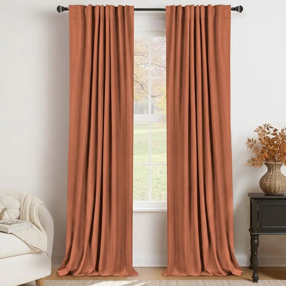 Faux Linen Total Blackout Curtains for Bedroom 102 Inch Long Burnt Orange