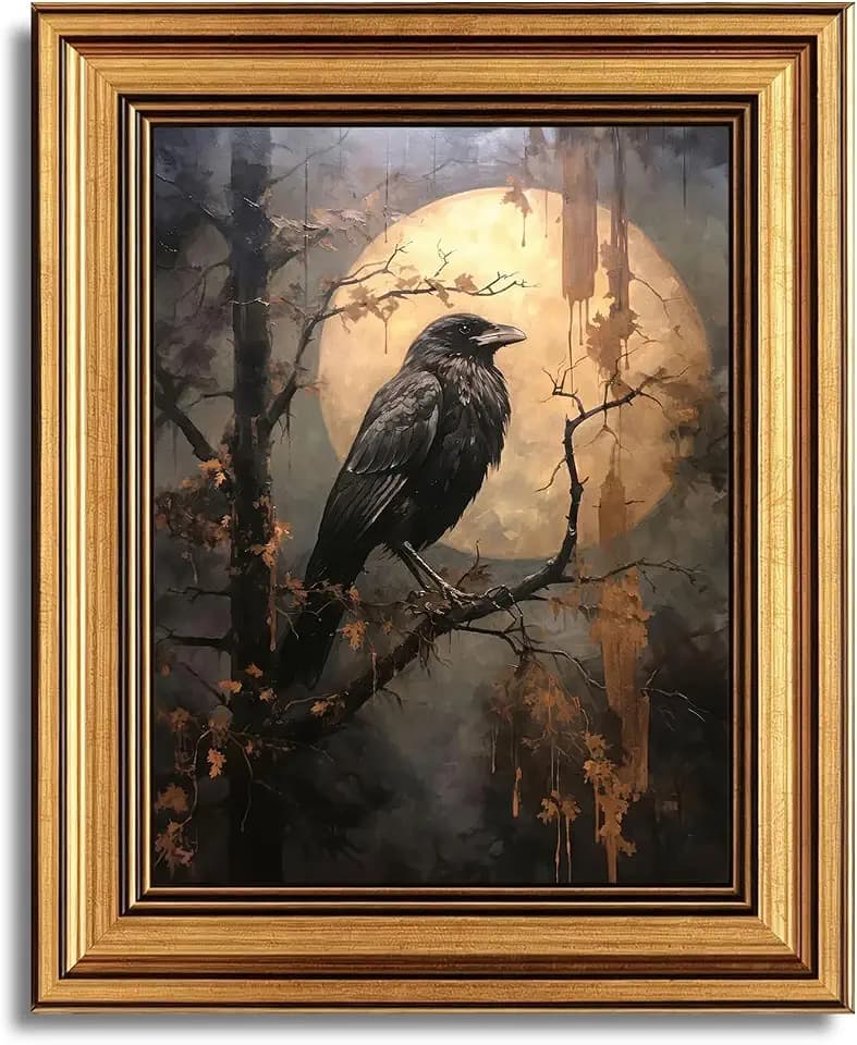 vineolect Vintage Raven Gold Framed Wall Art Gothic Full Moon Crow Painting Dark Forest Artwork Dark Academia Home Decor for Living Room Bedroom Office 12''x16''