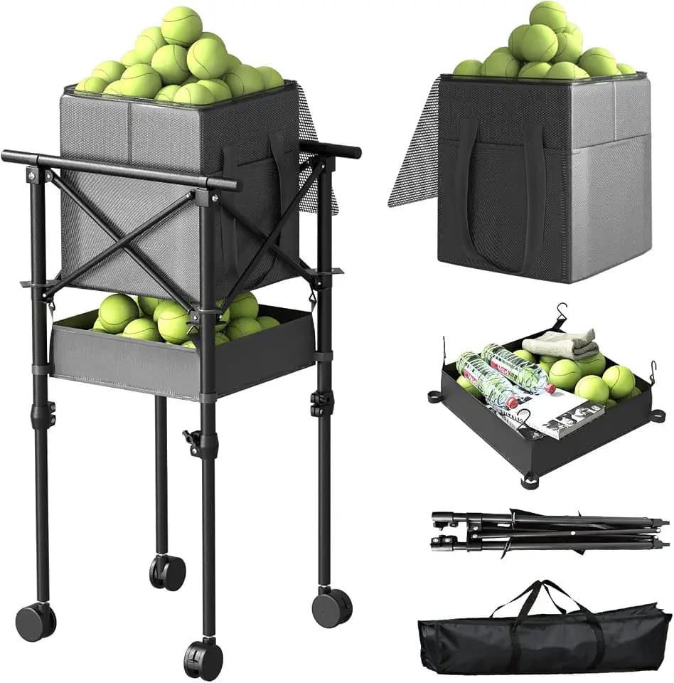 Tennis Ball Hopper with Wheels, Foldable Pickleball Basket