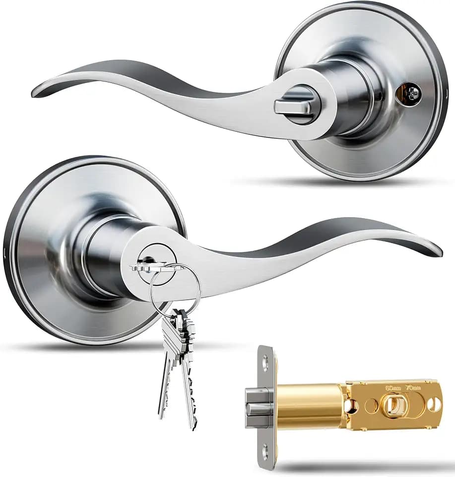 Veise Keyed Entry Door Lever, Door Handle with Lock and Keys, Satin Nickel