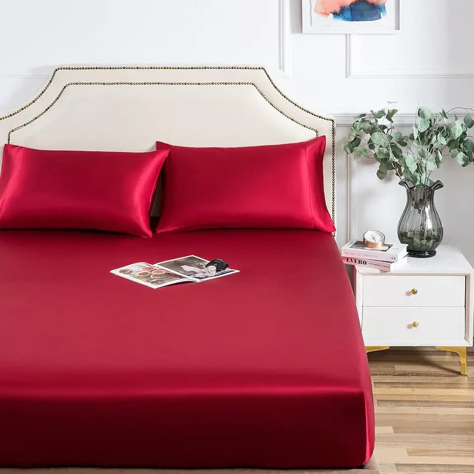 LuxBedding Satin Fitted Bed Sheet Only, Soft as Silk, Queue, Burgundy