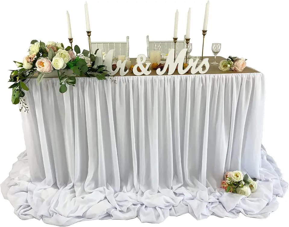 Pooling and Floating Chiffon Table Skirt with extra length, 6FT 9FT 14FT Sheer Tablecloth, Baby Shower, Birthdays Party, Main Cake Table Decoration, Wdding Table Skirt (White, 9FT)