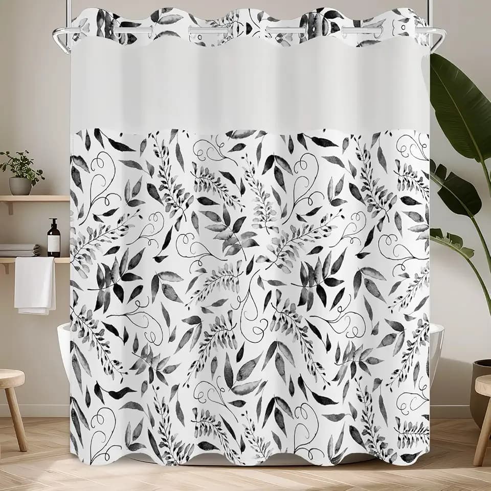 Boho Black White Leaf No Hook Shower Curtain and Liner Set, 71x74in