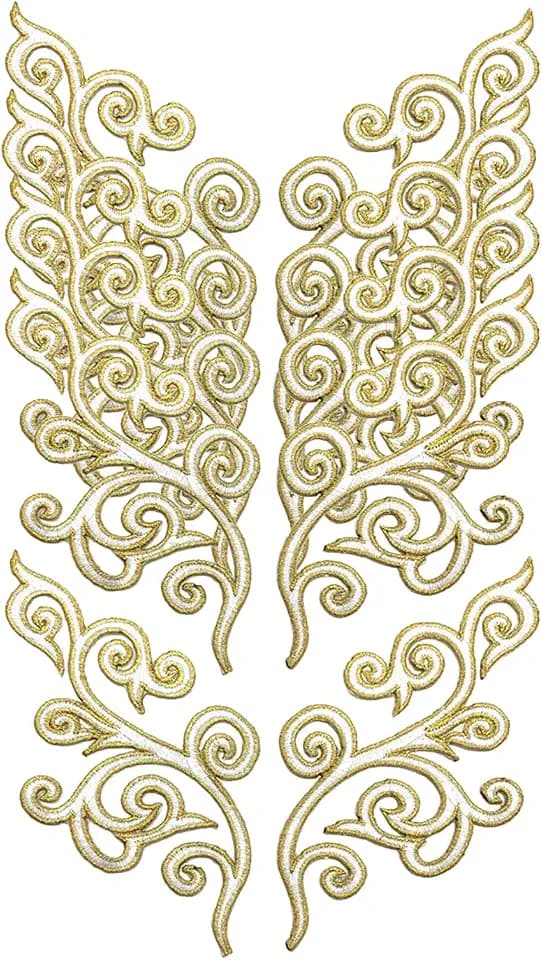 5 Pairs Embroidered Fancy Baroque Applique Swirl Iron on Patches Scroll Badge with Gold Trimming for Wedding Gown Dress Shoe Shirt Borders (White)