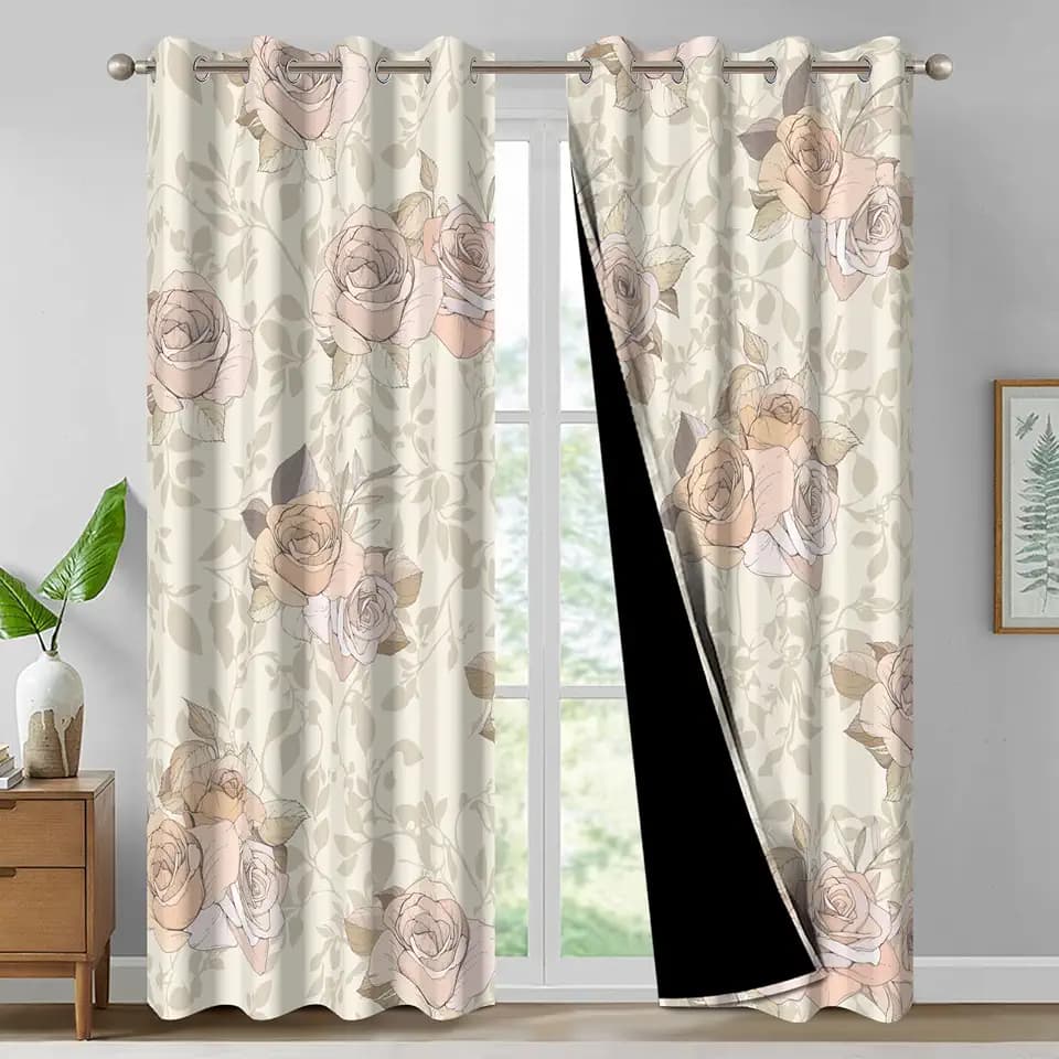 Floral Blackout Curtains for Bedroom and Living Room, Beige Roses Room Darkening Black Out Curtains 84 Inch Long 2 Panels Set, Farmhouse Light Filtering Soundproof Thermal Curtains with Rope Tiebacks