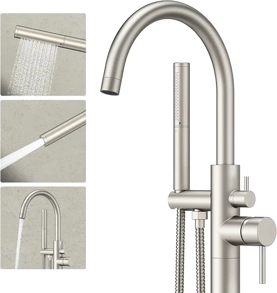 Ryuwanku Brushed Nickel Freestanding Tub Faucet with 2-Function Hand Shower