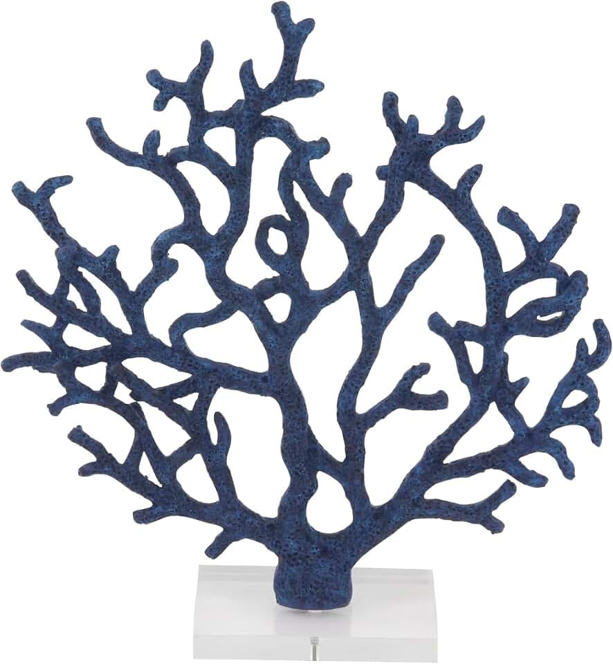 Deco 79 Polystone Coral Decorative Sculpture Textured Porous Home Decor Statue with Acrylic Base, Accent Figurine 14" x 4" x 16", Blue