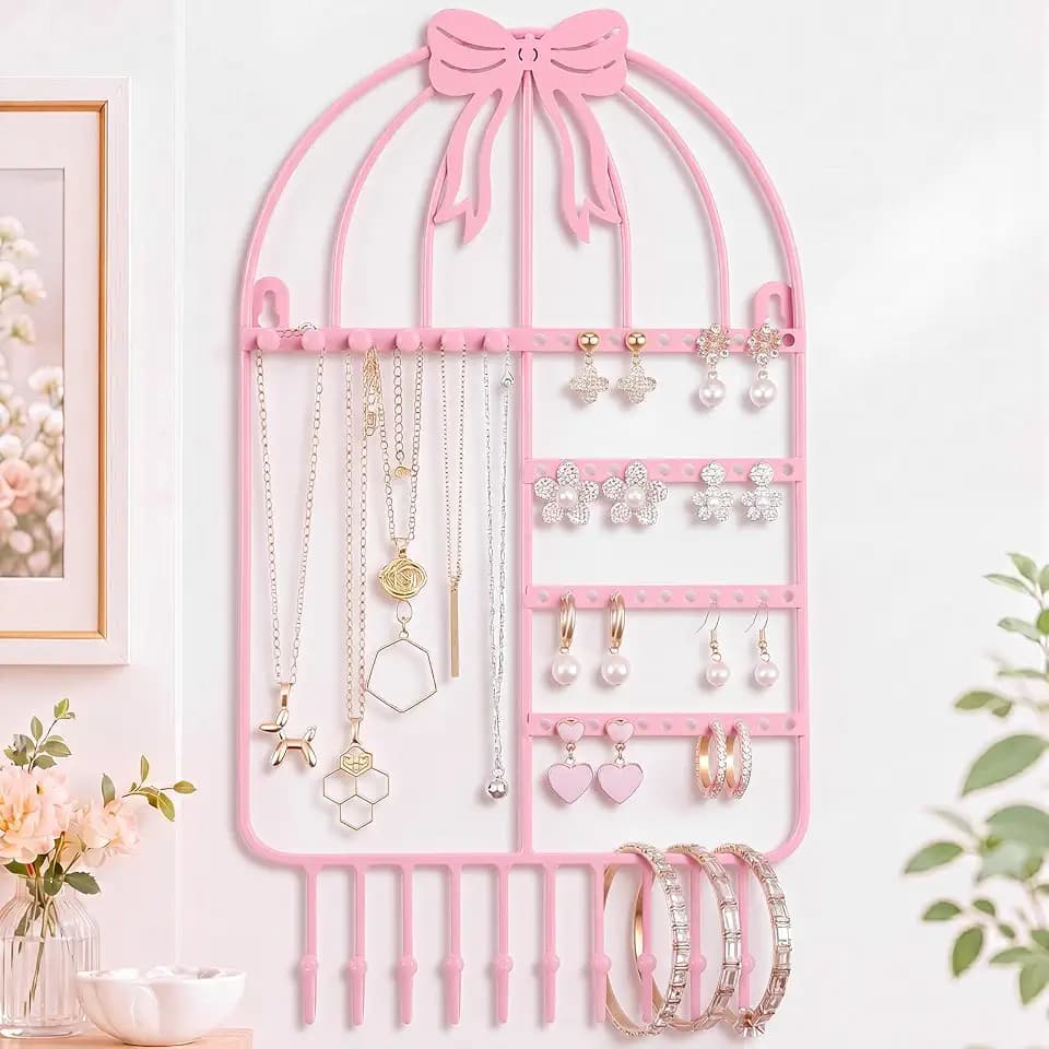Novabright Pink Necklace Holder Girls Organizer 16 Hooks 48 Stud Holes