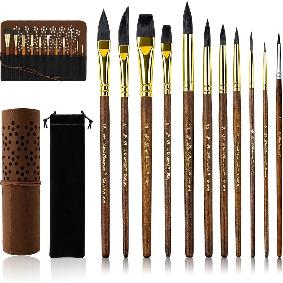 Watercolor Paint Brushes Professional, 11PCS Synthetic Squirrel Watercolor Brushes Set with Roller Case for Travel- Extended Point, Flat, Round Pointed, Cats Tongue, Dagger (11, Brown)