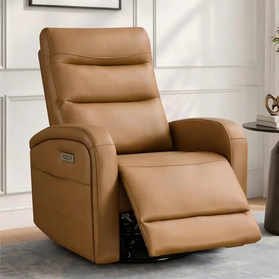 KISLOT Power Swivel Recliner Chair, Faux Leather Recliner 270° Rotation Modern Nursery Glider, Ergonomic Armrest & Side Storage Pocket, Comfortable Armchair for Living Room Bedroom & Nursery