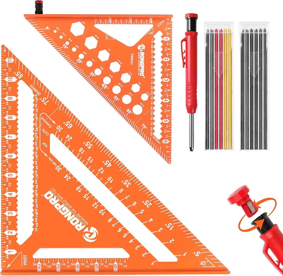 2pcs Rafter Square, 12-inch & 7-inch Carpenter Sqaure Set withWoodworking Pencil, Carpenter Measuring Layout Tool,Aluminum Alloy Triangle Ruler for Woodworking- Imperial