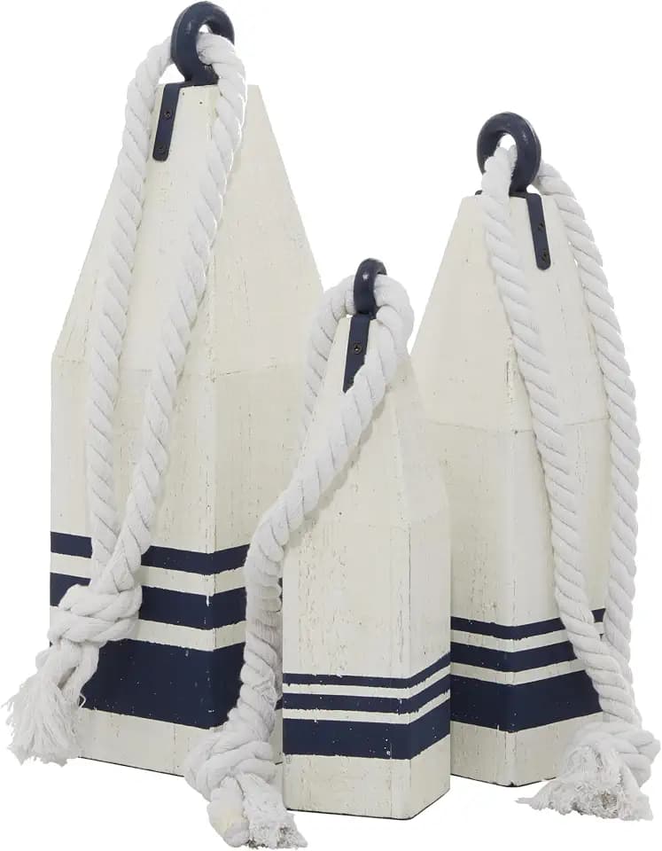 Deco 79 Wood Buoy Handmade Decorative Sculpture Home Decor Statues with Rope Accents, Set of 3 Accent Figurines 17", 15", 12"H, White