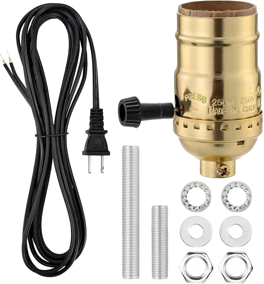 Lamp Rewire Kit, 10 Foot Matching Cord, 2 Way Socket and Essential Hardware, Table and Floor Lamps Socket Replacement, Rewire and Repair, DIY Light Making Kit (Gold)