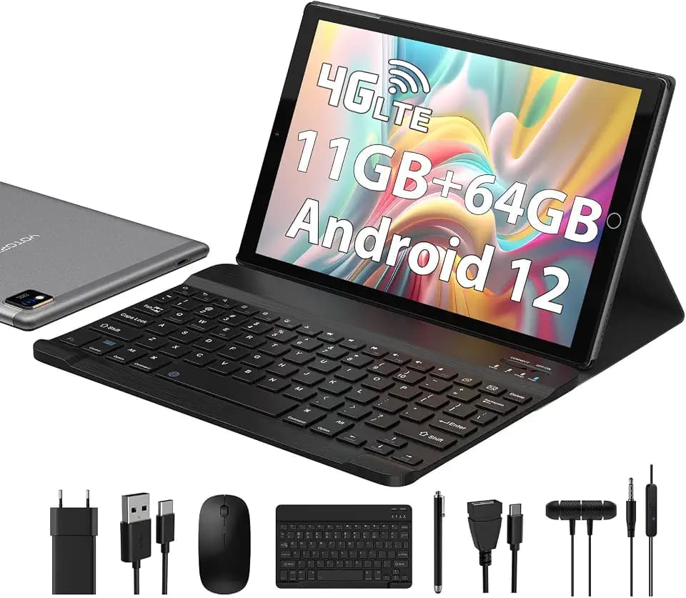 U10 Tablet 10 Zoll 4G LTE und WiFi, Android 12.0 Octa-Core Tablet, 4GB RAM, 64GB ROM(1 TB Erweiterbar), FHD smart Screen, 5MP+8MP, Mit Tastatur und Maus etc, GPS/Bluetooth/Face ID (Grau)
