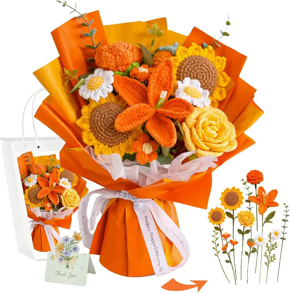 Handmade Crochet Flower Bouquet, Pink Rose & Carnation Knitted Flowers, Gift For Girlfriend, Birthday, Anniversary, Mother’s Day, Wedding Or Graduation (Includes Card) (Orange)