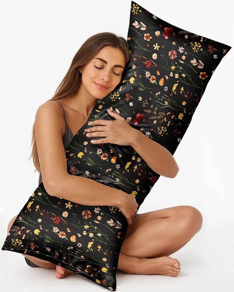 Miss Adola Soft Silk Body Pillow Cover, 20x54 Inch, Black Grow Flower