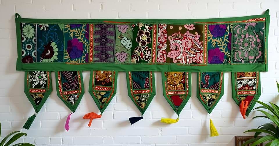 ICC valances for Windows Toran Cotton Vintage Patchwork Door Hanging Valance Window Hand Embroidered Bohemian Decor Living Room Wall Bedroom Home Handmade Decorations Dark Green 40 Inches
