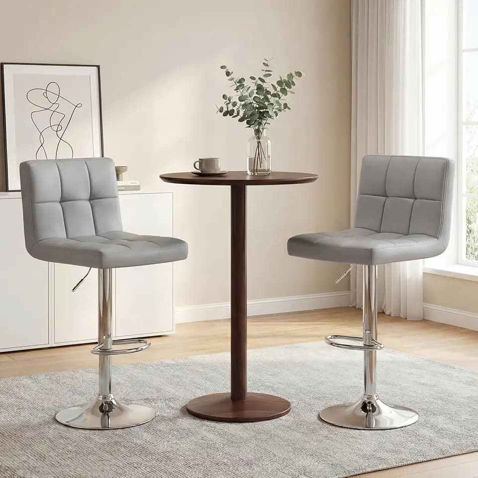 DUMOS Bar Stools Set of 2, 24 inch Counter Height Bar Chairs, Upholstered Modern Kitchen Barstools with Metal Base, PU Leather Saddle Stools for Kitchen Island, Grey