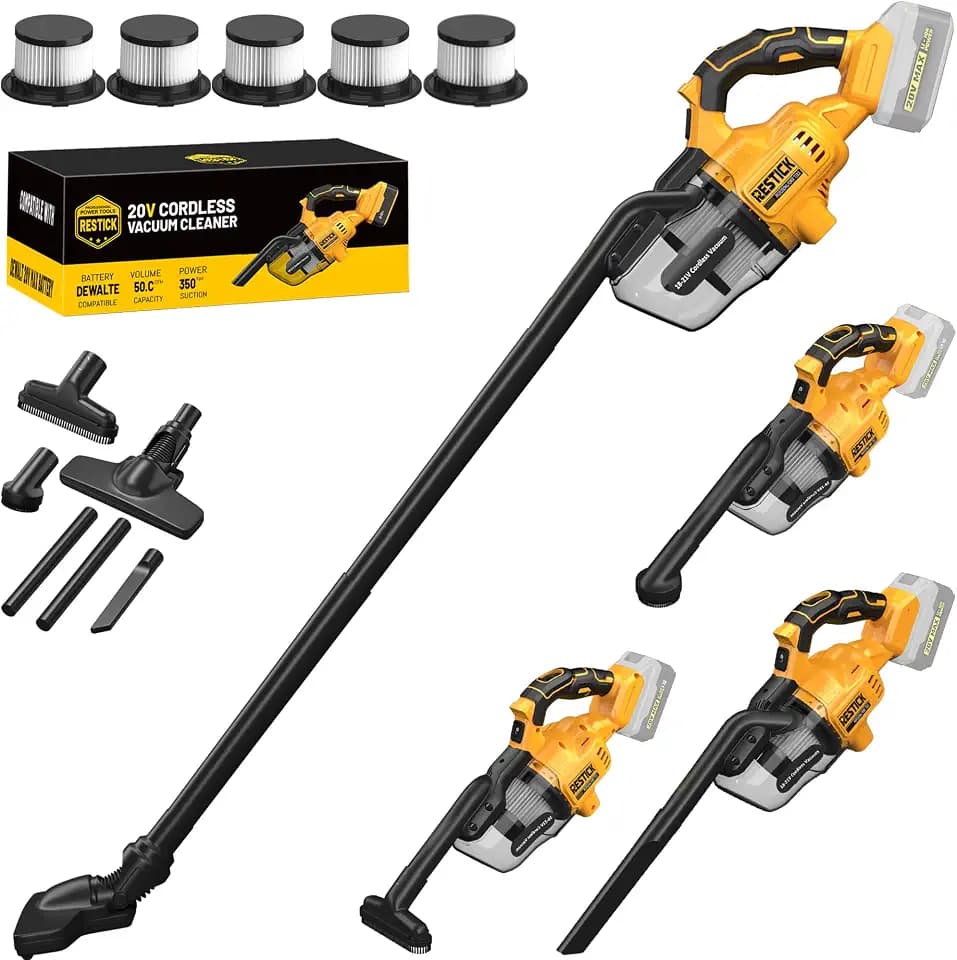 Handheld Vacuum Cordless for Dewalt 20V Battery (No Battery), 5-in-1 Car Vacuum with 50kPa Strong Suction, 350W Powerful Brushless Motor, 5 HEPA Filters & 6 Nozzles for Home, Car, Pet, Patio