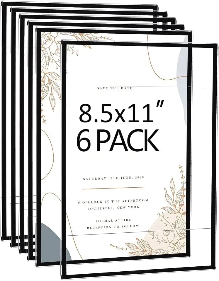 Acrylic Picture Frames 8.5x11 Set of 6, Photo Frames Collage Wall Decor,No Drilling 8.5x11 Floating Hanging Picture Frames for Home, School, Office - Black Color