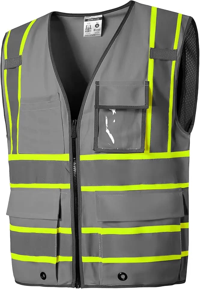 SKSAFETY 10 Pockets Safety Vest, Class 2 High Visibility Security with Zipper, Hi Vis Vest with Reflective Strips, ANSI/ISEA Standard, Construction Work Vest for Men & Women (Grey,3XL)