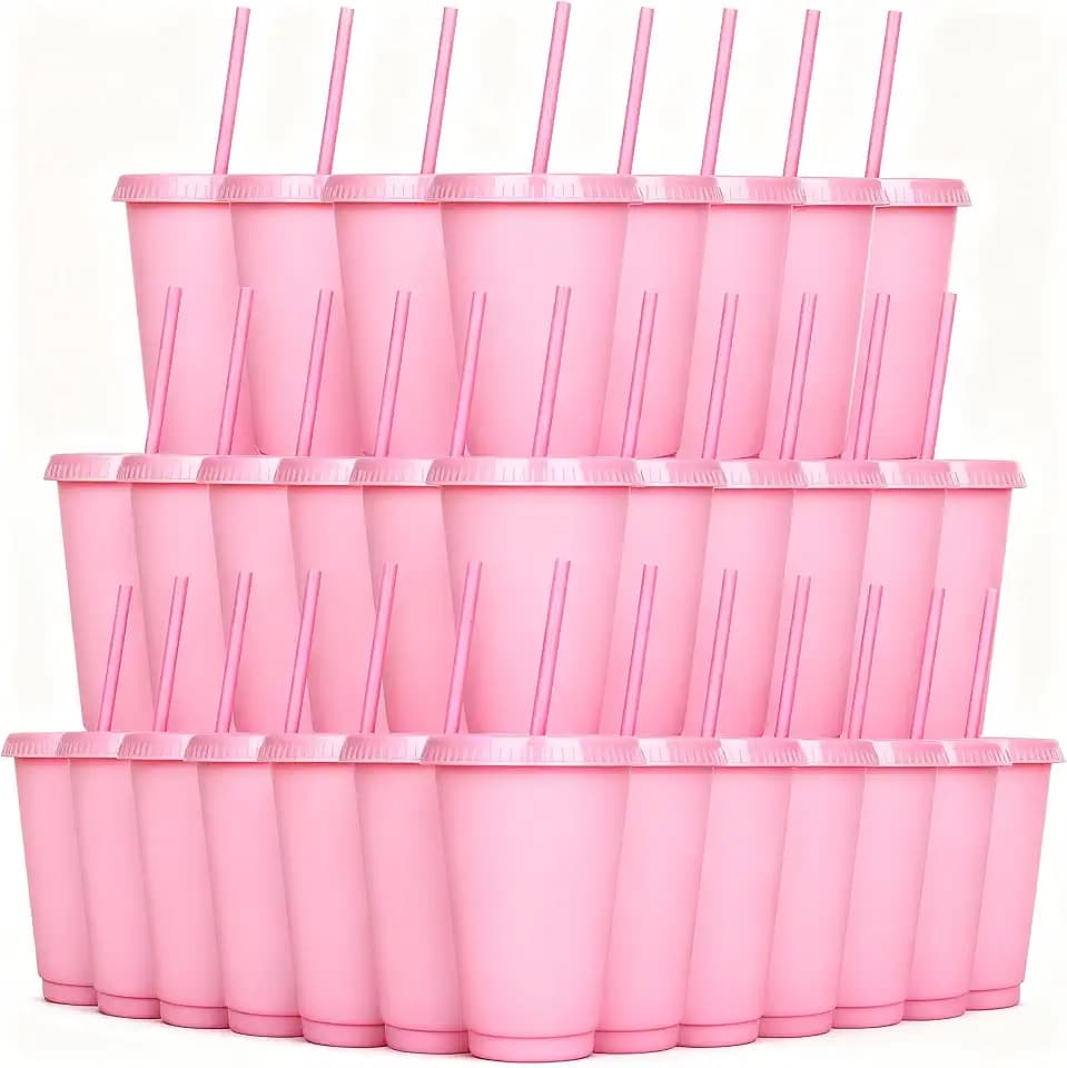 Reusable Cups with Lids and Straws, 16oz Plastic Party Cups, Holiday Party Favors, Leak-Proof Tumblers, Ideal Happy Birthday Gift, 32 Pack Smoothie Cups (32, Pink)