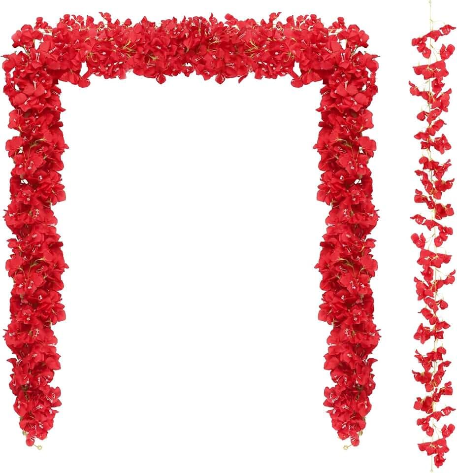 4PCS Red Bougainvillea Artificial Flowers Garland 5.9ft Faux Bougainvillea Vine Silk Fake Bougainvillea Wreaths for Outdoor Wedding Arch Backdrops Home Table Decor (Red)