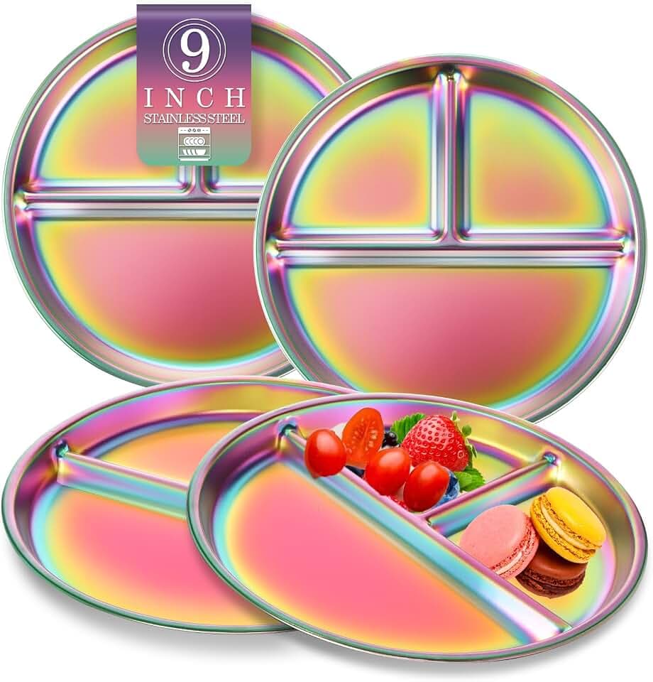 Bakpoco 9" Stainless Steel Toddler Plates Set of 4, Divided Plate for Kids & Baby, Non Toxic Unbreakable Dishes Dinnerware Adults Portion Control Snack Container, Colorful Meal Time Chums